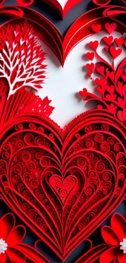 Red heart and floral design wallpaper bursting with vibrant colors.