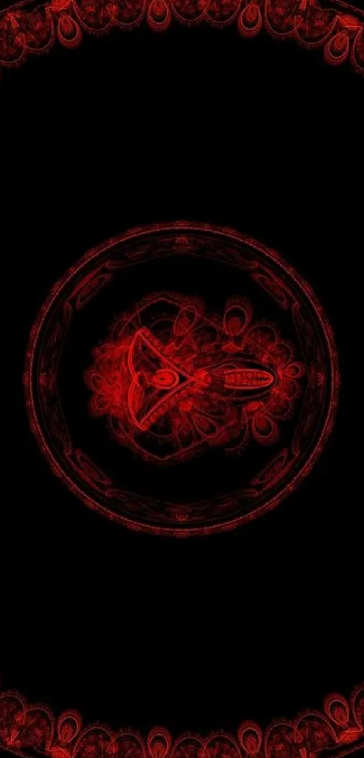 Abstract red geometric design on black background.
