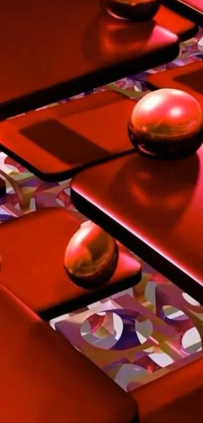 Red abstract geometric design wallpaper with metallic textures.