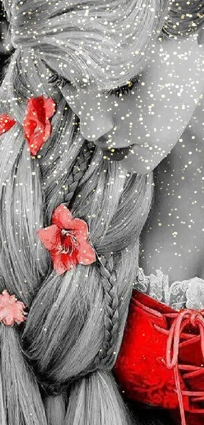 Black and white photo with red accents on flowers and dress.