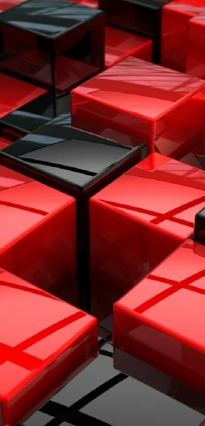 Red and black 3D cubes create a modern geometric wallpaper.