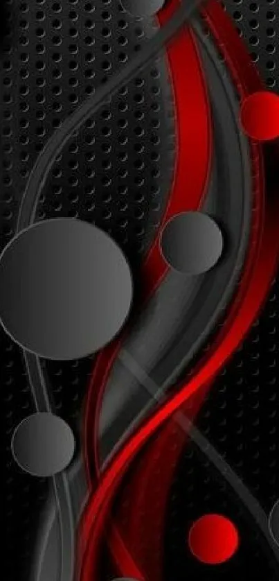 Red and black abstract mobile wallpaper with waves and circles.