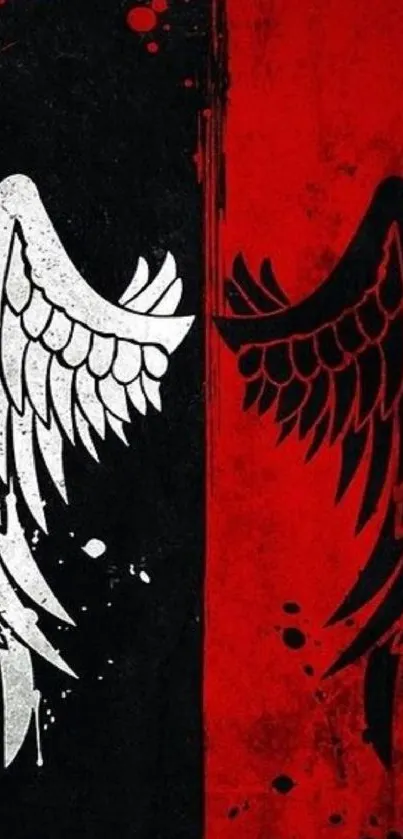 Red and black artistic wallpaper with angelic wing design.