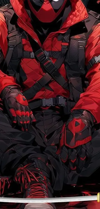 Anime character in red and black attire sitting with dynamic pose.