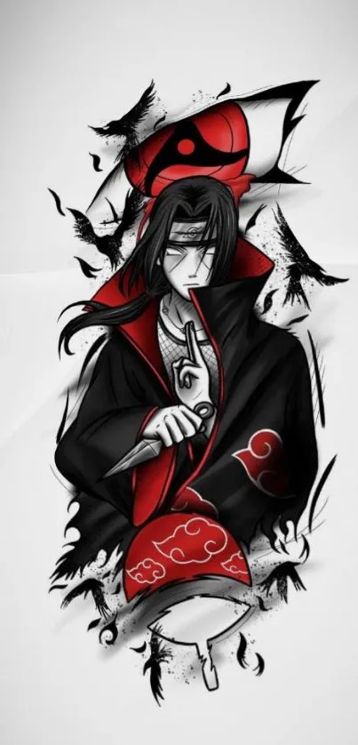 Anime-style character with red and black hues on a mobile wallpaper.