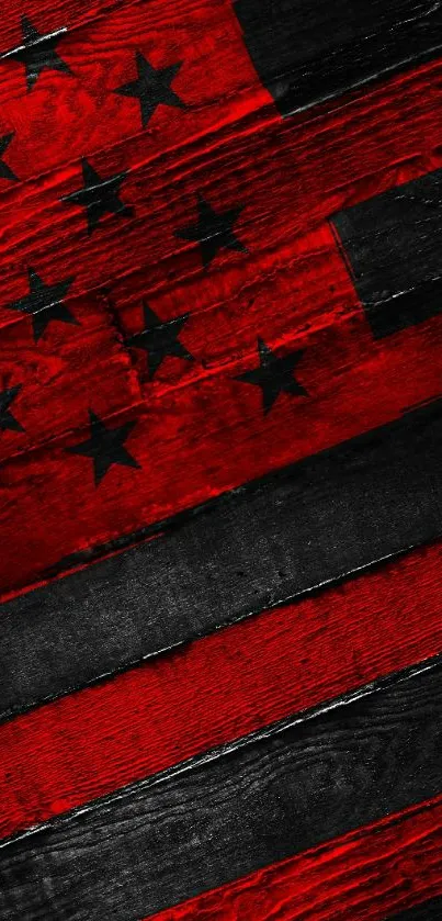 Red and black flag wallpaper with wooden texture.