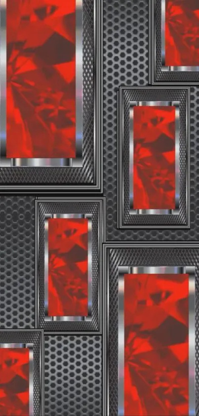 Red and black geometric pattern wallpaper with rectangular accents.