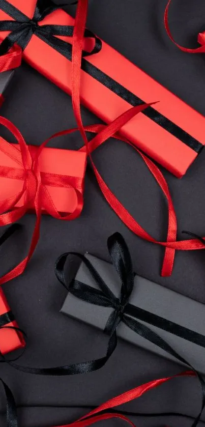 Vertical wallpaper with red and black gift boxes and ribbons.