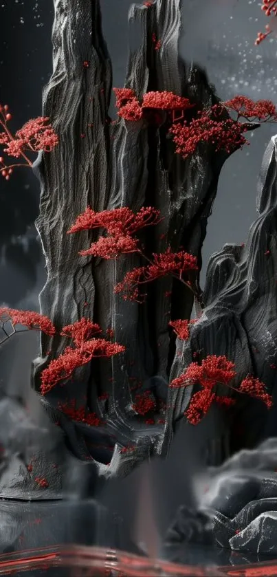 Red trees on dramatic black rocks, artistic mobile wallpaper.