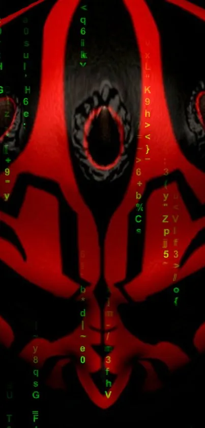 Red and black sci-fi mask with green code background.