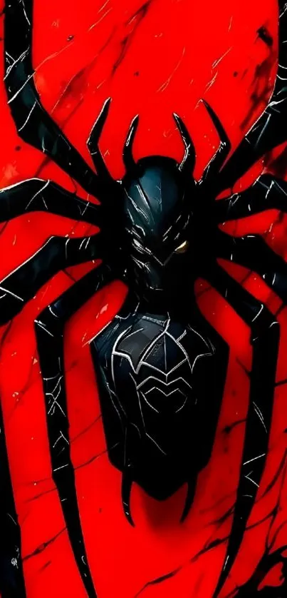 Red and black spider design on vibrant wallpaper.