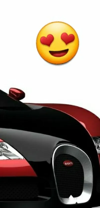 Red and black sports car with heart eyes emoji on top, sleek design.