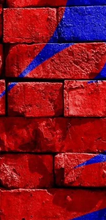 Red and blue graffiti art on a brick wall wallpaper.