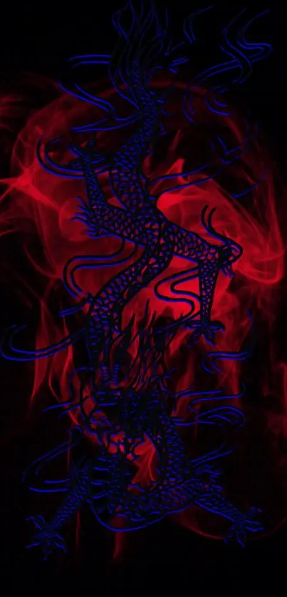 Blue dragon with red fiery background on wallpaper.