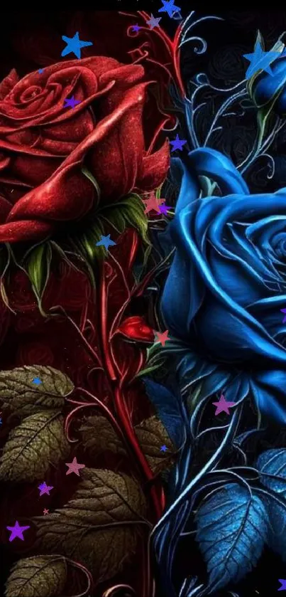 Red and blue roses on a black background, elegant and vibrant mobile wallpaper.