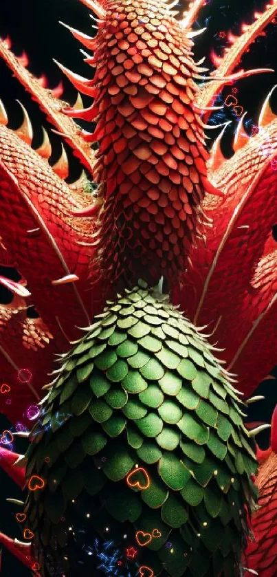 Intricate red and green dragon scale pattern in a vibrant, textured design.