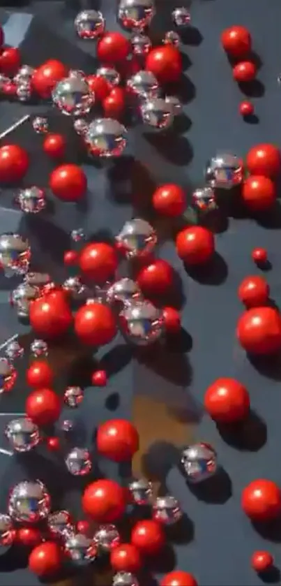 Dynamic red and silver spheres on gray background.