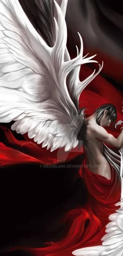 Angel with majestic wings on a red background.