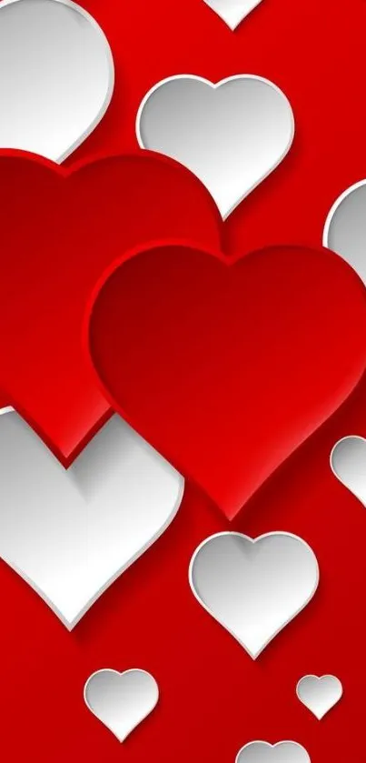 3D red and white hearts wallpaper for mobile background.