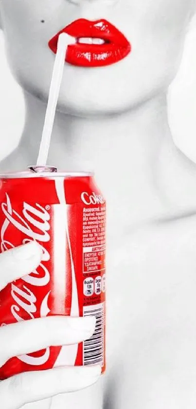 Red lips and soda can in pop art style wallpaper.