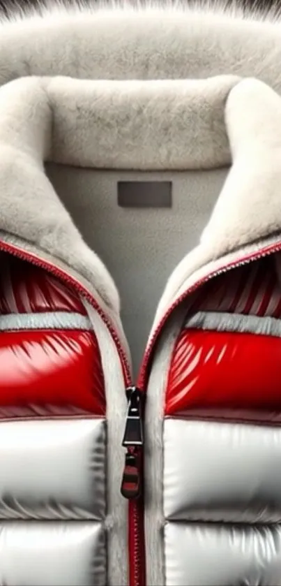 Red and white padded jacket with fur details.