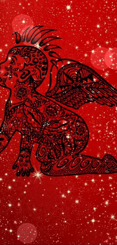 Intricate angel with wings on a red starry background.