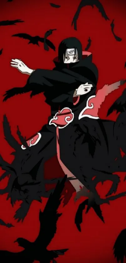 Anime character with red background and crows in dynamic motion.