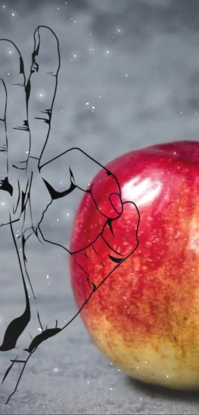 Artistic hand with red apple on gray background mobile wallpaper.
