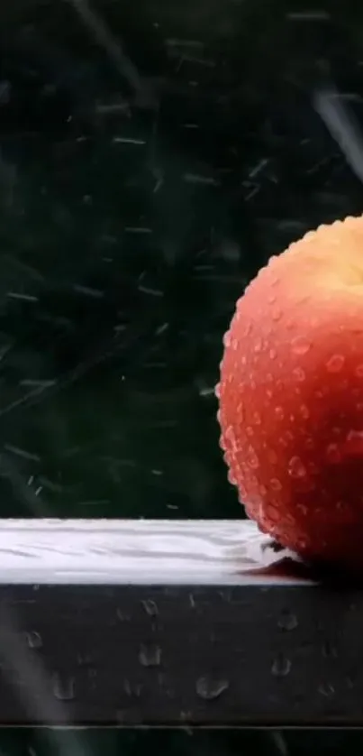 Red apple on a ledge in rain with dark green background.