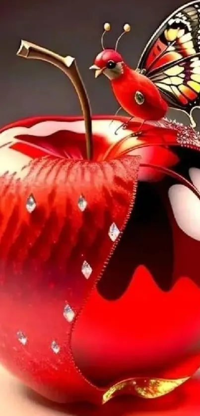 Red apple with butterfly, vibrant artistic mobile wallpaper.