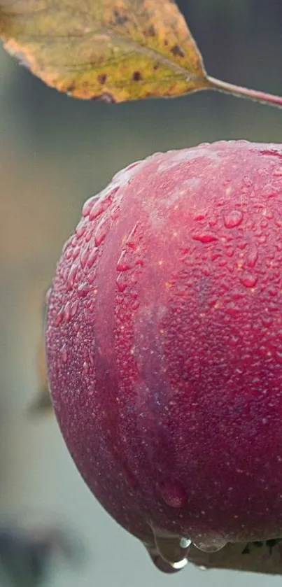 Close-up of a red apple with dew drops on branch.