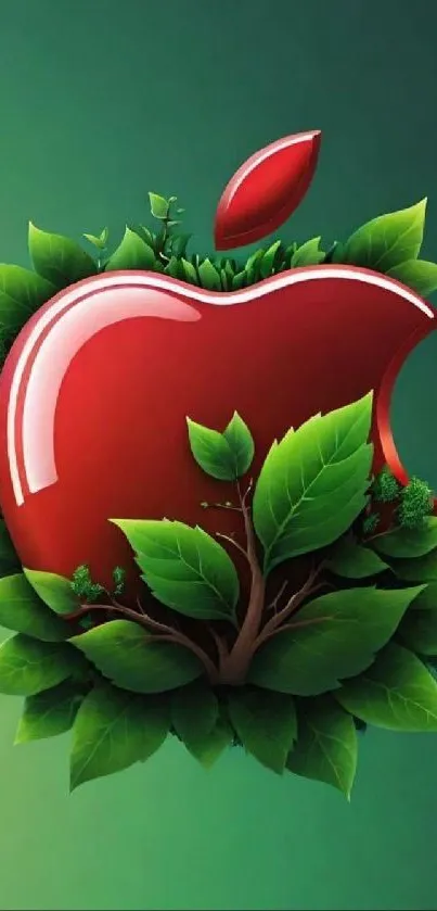 Vibrant red apple with green leaves on mobile wallpaper.