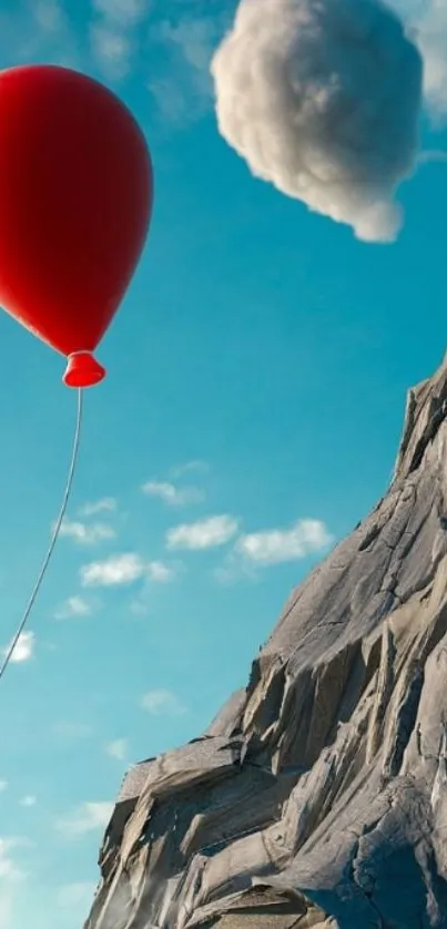 A red balloon floats above a rocky mountain with a blue sky backdrop.