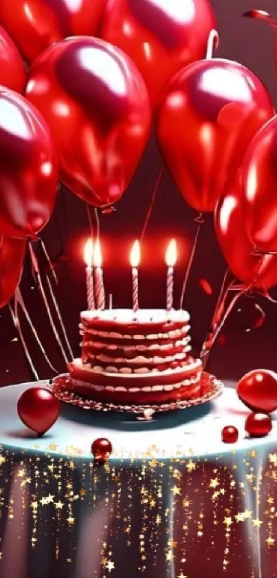Red balloons and cake with candles in a festive setting.