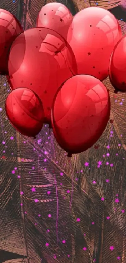 Mobile wallpaper featuring red balloons on abstract feather background.