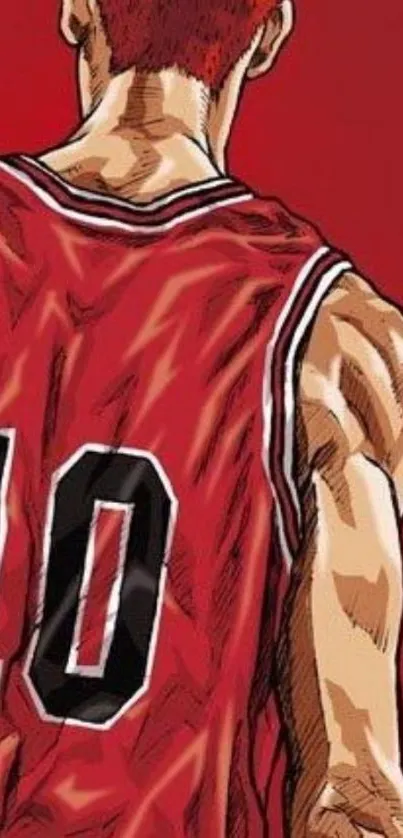 Anime art of a basketball player in a red jersey.