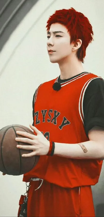 Anime character in red basketball jersey holding a ball.