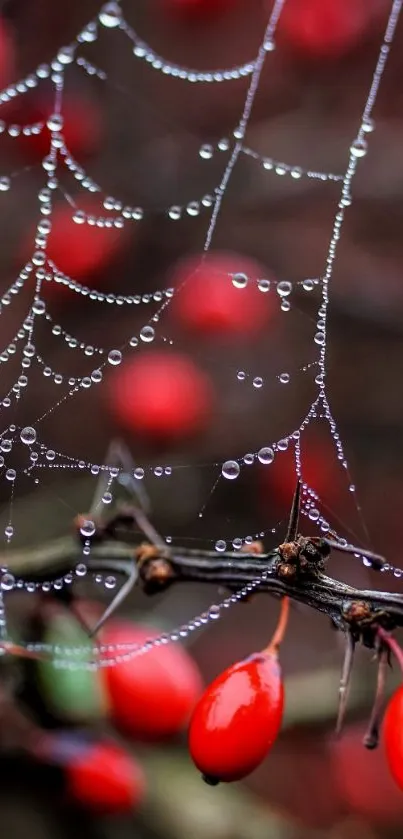 Close-up of red berries with spider web covered in water droplets.