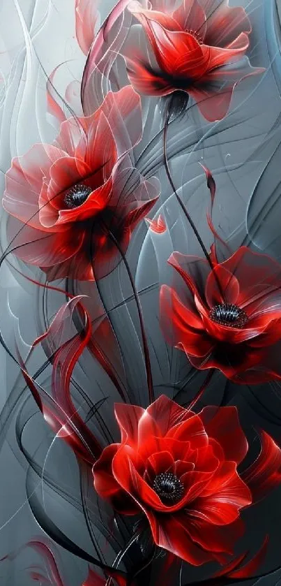 Artistic wallpaper with vivid red flowers.