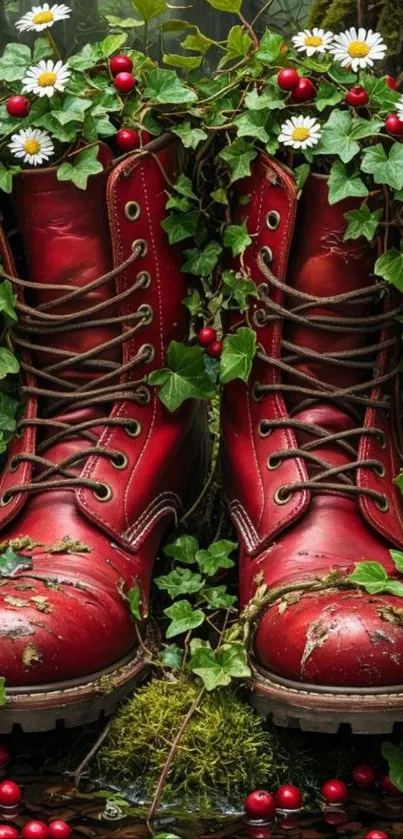 Red boots surrounded by flowers and greenery.