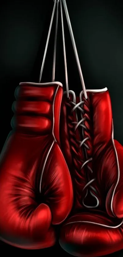 Red boxing gloves hanging on a dark background wallpaper.