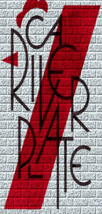 Wallpaper with red diagonal stripes on a brick background.