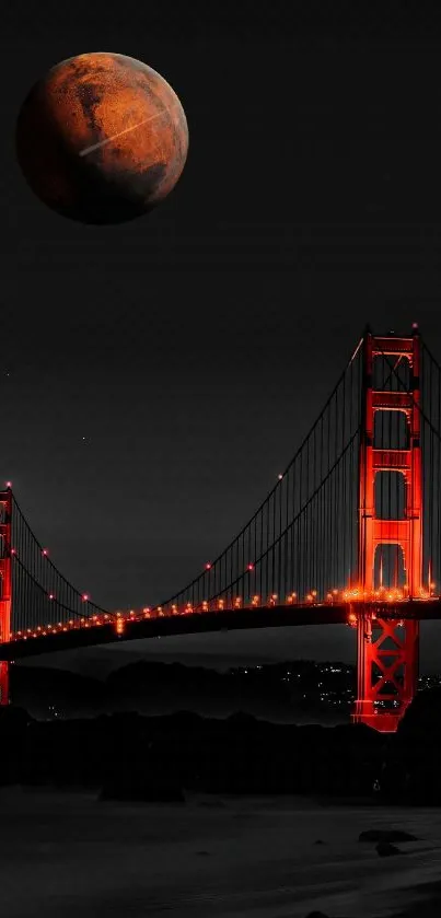 Red-lit bridge under a mysterious planet-filled night sky.