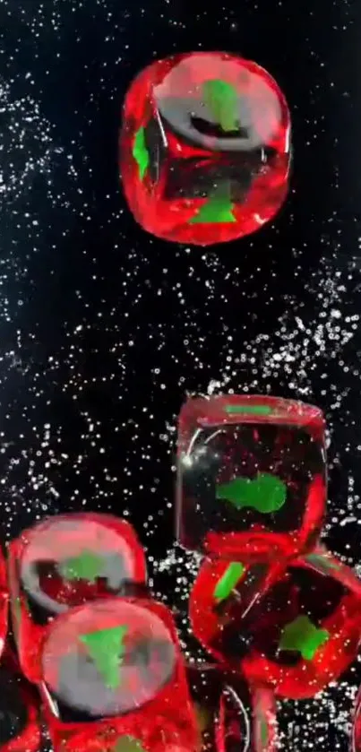 Red and green translucent cubes with bubbles on a dark background wallpaper.