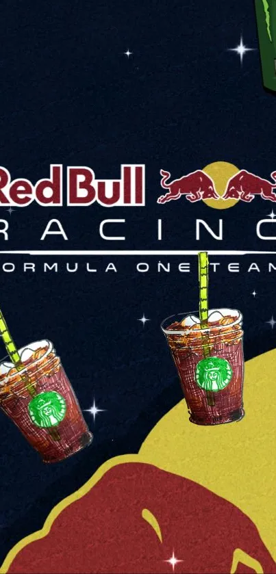 Red Bull Racing logo with energy drinks on dark blue background.