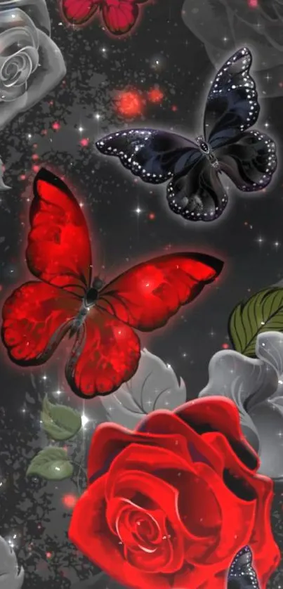 Red butterflies and roses on a dark background with stars.