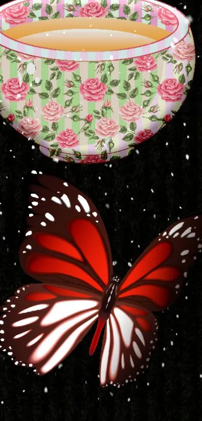 Red butterfly beneath floral tea cup on black background.