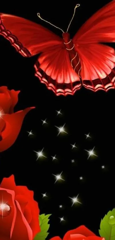 Red butterfly and roses against a starry night background.