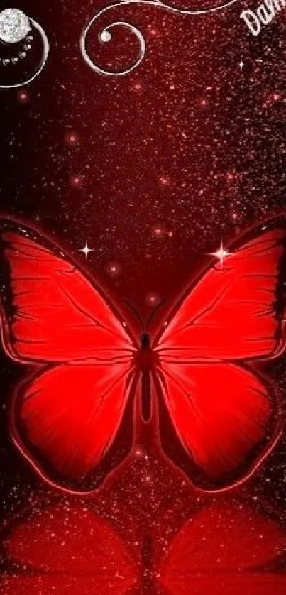 Red butterfly wallpaper with sparkling accents.