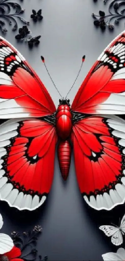 Red and white butterfly wallpaper with elegant black accents.